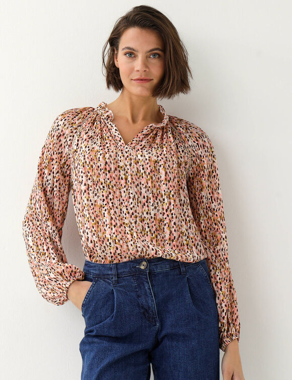 Blouse van voile met bedrukte tachistische print (blushroze)