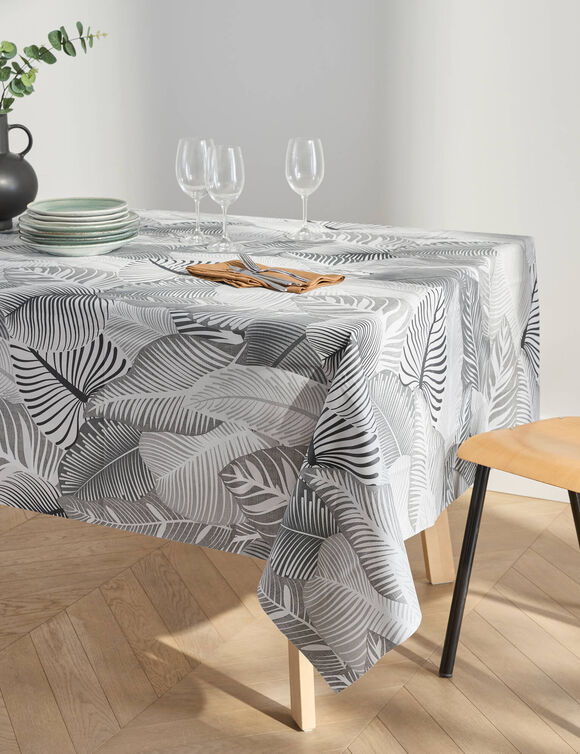 Nappe toile cir&eacute;e imprim&eacute; grandes feuilles (gris)