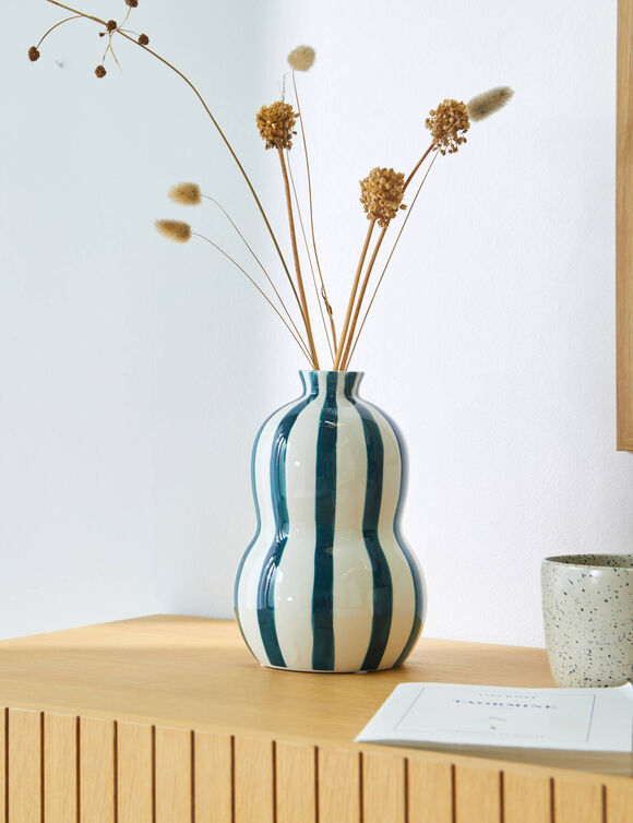 Vase gr&egrave;s ray&eacute; bleu blanc  (blanc / bleu)