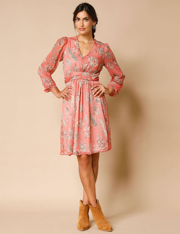 Robe courte ceinture fantaisie, voile imprimé (bois de rose / écru)