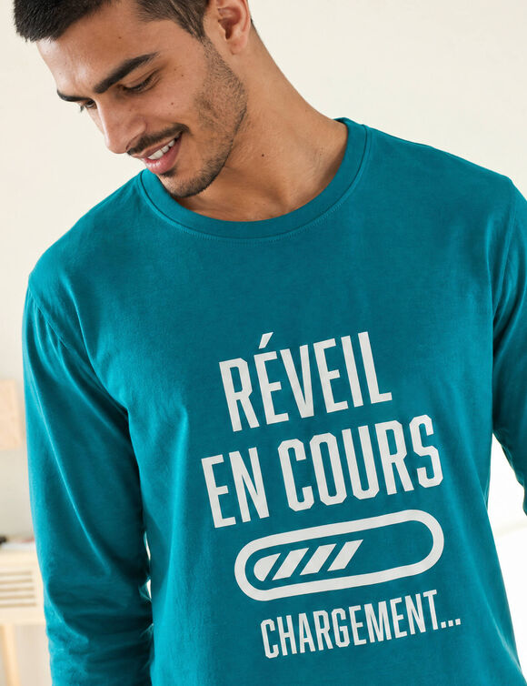 Pyjama col rond &agrave; message (bleu canard / marine)