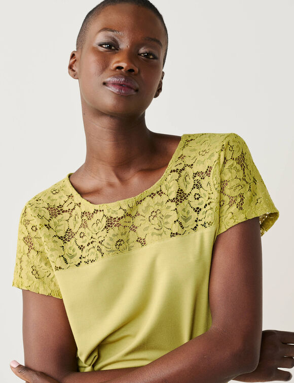 T-shirt met korte mouwen en kant (olijfgroen)