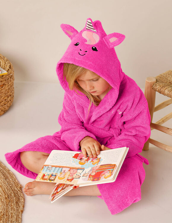 Peignoir de bain enfant personnalisable licorne à capuche (fuchsia)