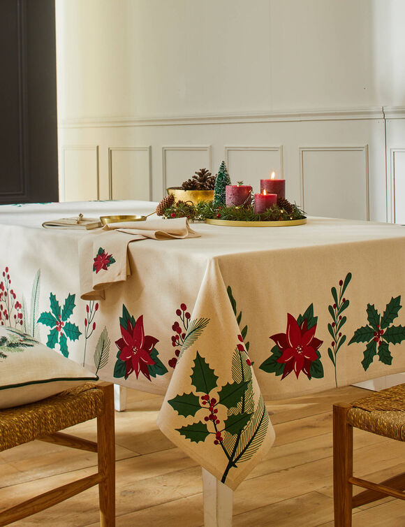 Tafellaken met hulst- en kerststerrenprint (naturel / rood)