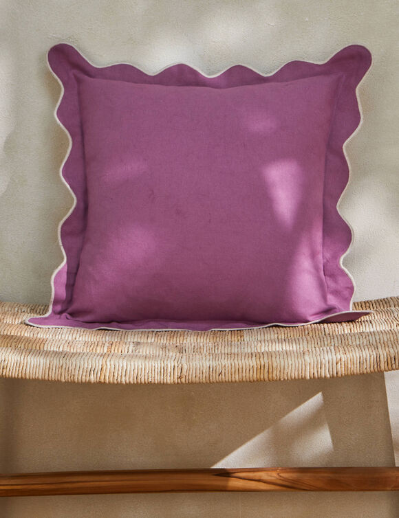 Coussin uni coton finition feston (mauve)