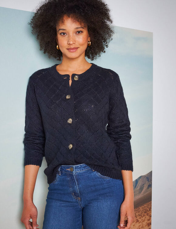 Gilet boutonné, maille ajourée toucher doux (marine)