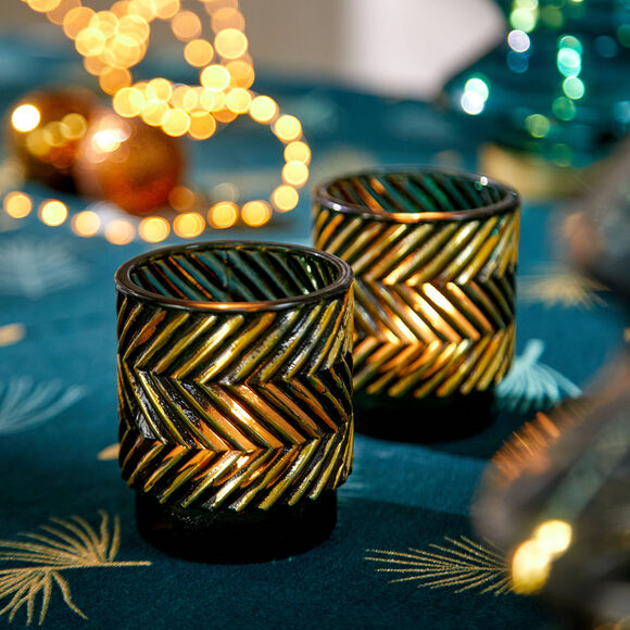 Lot de 2 photophores en verre (&eacute;meraude/dor&eacute;)