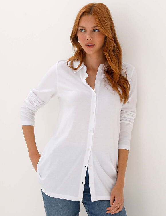 T-shirt boutonn&eacute; uni manches longues, forme tunique (blanc)