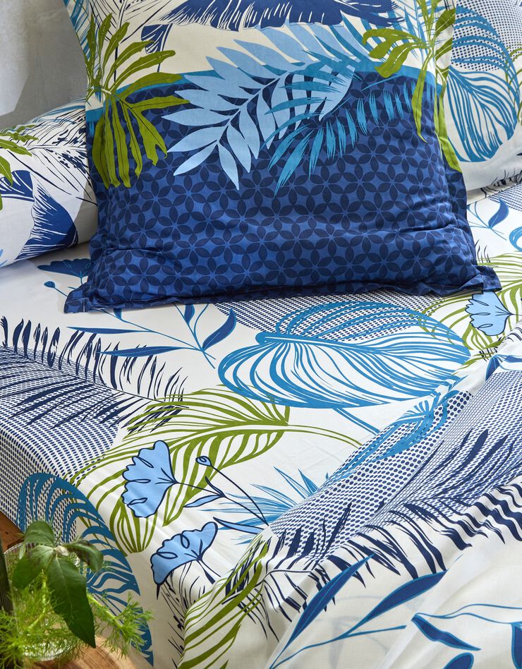 Linge de lit Jane en coton imprimé feuillages (bleu)