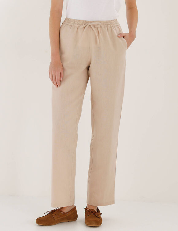 Pantalon coupe mom en coton/lin, taille &eacute;lastiqu&eacute;e (beige)