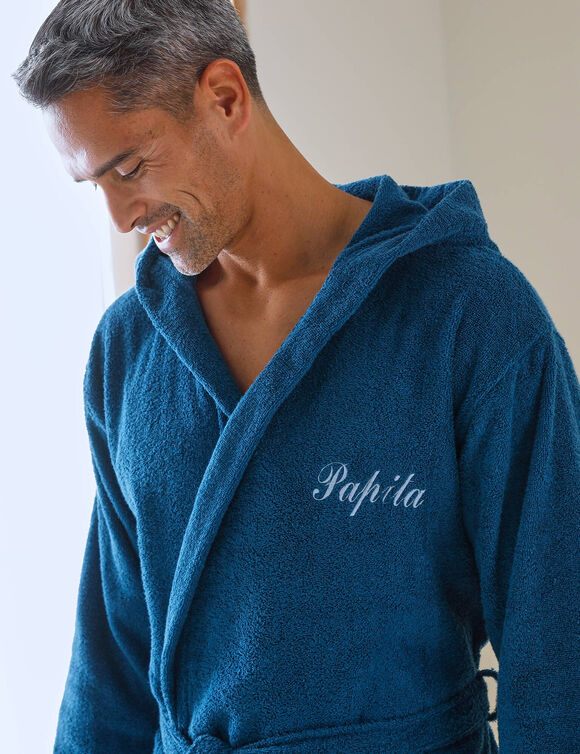 Gepersonaliseerde badjas met capuchon voor volwassenen (unisex) - lusjesbadstof 380 g/m&sup2; (pauwblauw)
