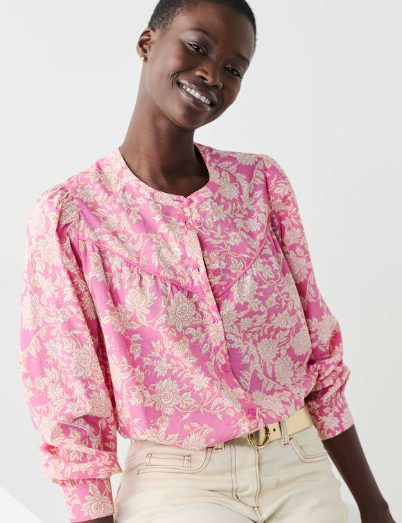 Chemisier imprim&eacute; bicolore, voile de coton (rose / &eacute;cru)