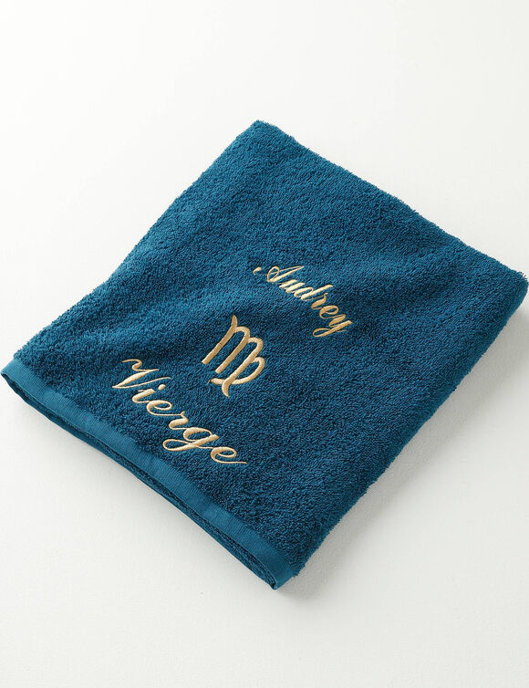 Serviettes de bain brodées Vierge personnalisable - 420g/m2 (bleu paon)