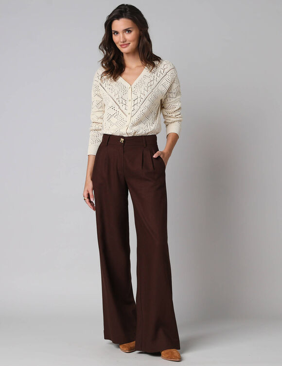 Pantalon large &agrave; pinces uni, en viscose-lin (chocolat)