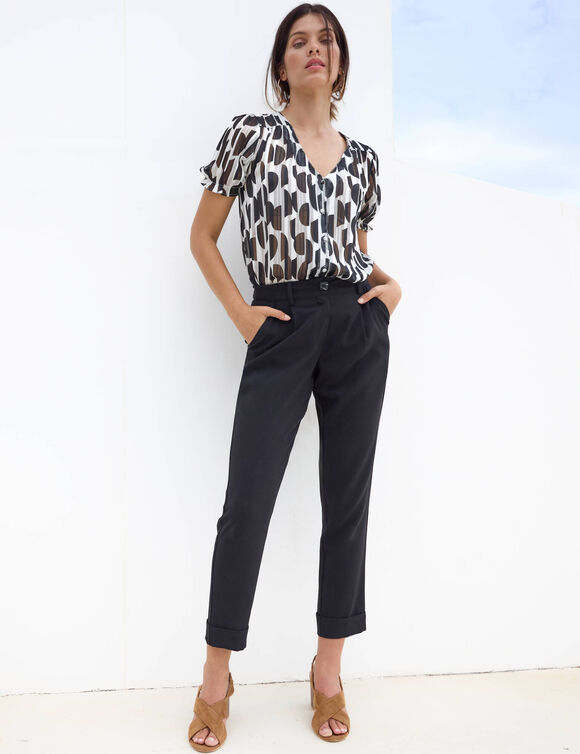 Chemisier manches blousantes imprimé bicolore, voile jacquard (noir / écru)