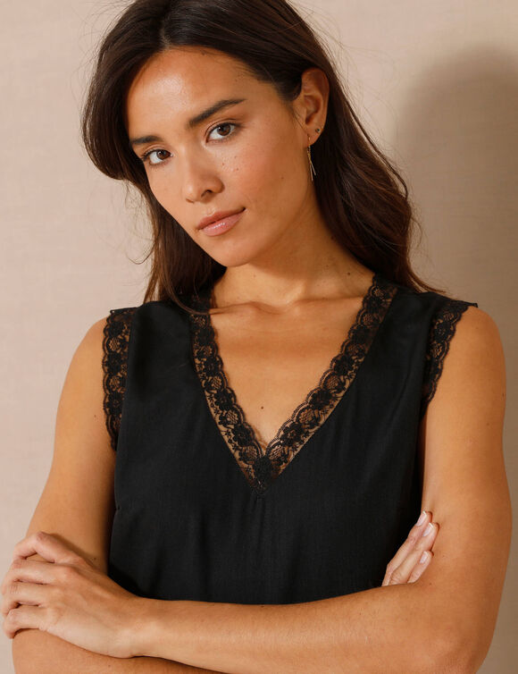 Caraco fluide col V dentelle, crêpe **polyester recyclé (noir)