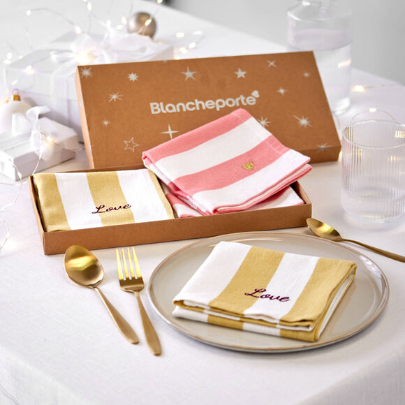 Coffret de 4 serviettes de table en coton, brod&eacute;es (rose + jaune)