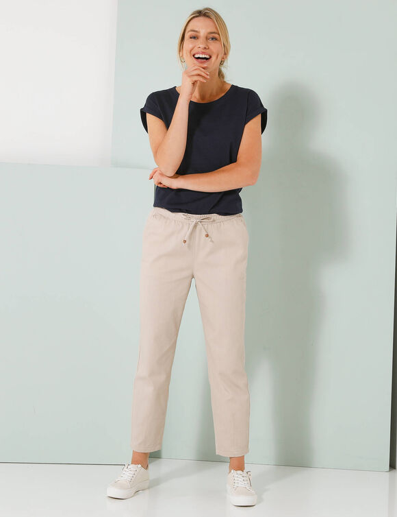 Pantalon mom 7/8&egrave;me uni, coton (beige)