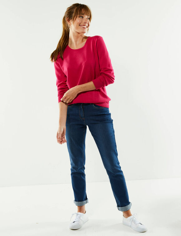 Pull col rond uni, manches longues, toucher doux (rose fuchsia)