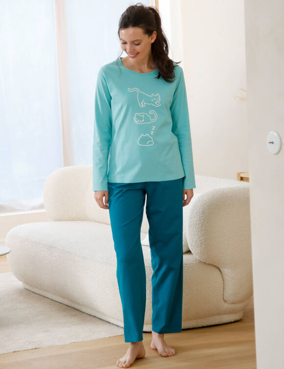 Pyjama met lange mouwen, met kattenprint &ndash; set van 2 (laguneblauw + roze)