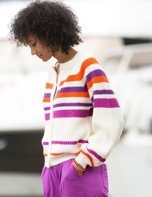 Gestreepte cardigan met knoopsluiting (ecru / violine)
