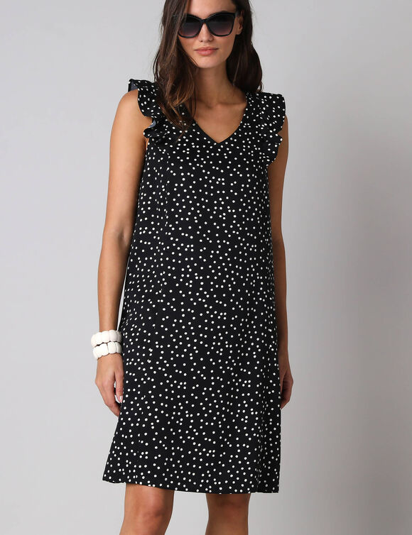 Robe courte col V imprim&eacute; pois, &agrave; mancherons volant&eacute;s (zwart / ecru)