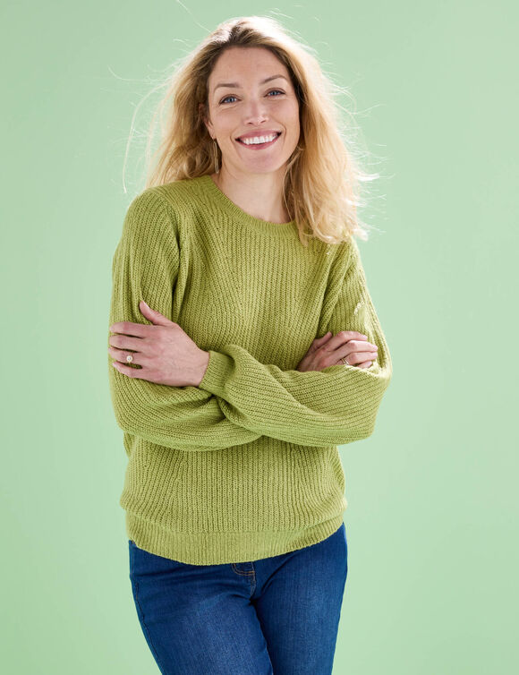 Pull col rond, maille anglaise toucher doux (anis)