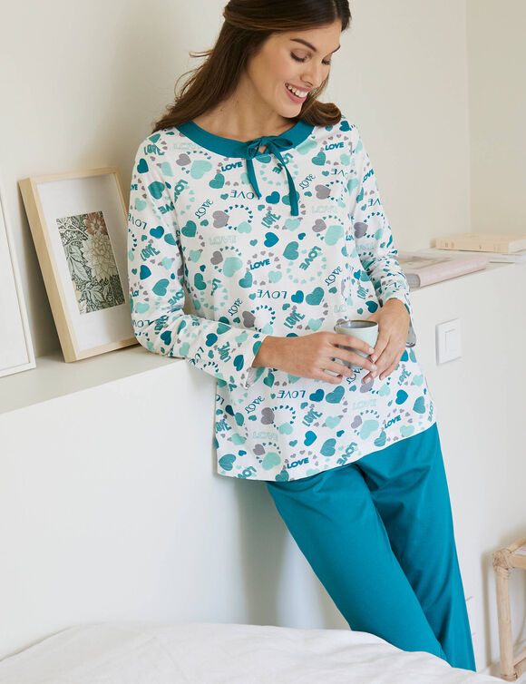 Pyjama femme imprim&eacute; "coeurs" (&eacute;meraude)