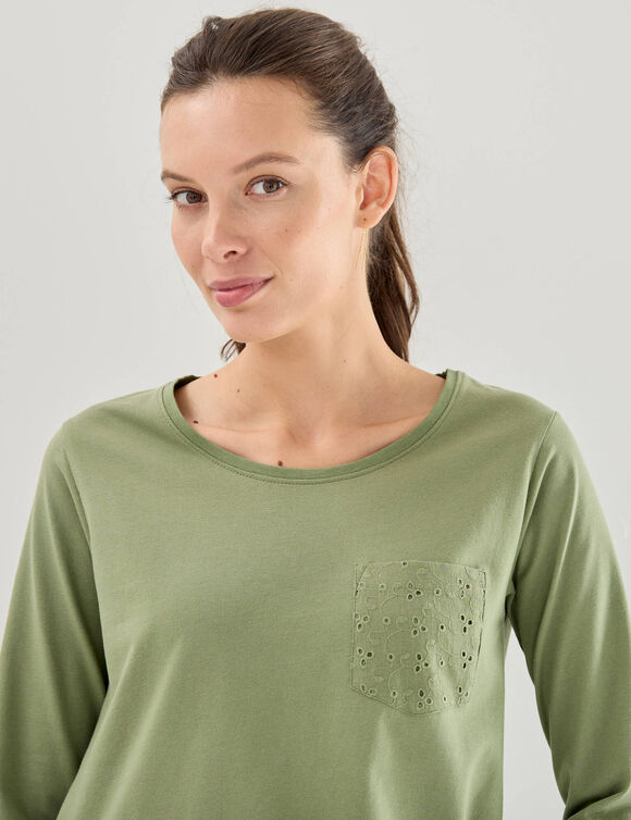 T-shirt col rond manches 3/4, broderie anglaise  (kaki clair)