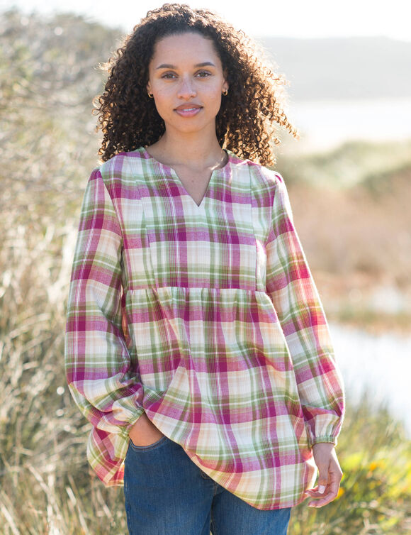 Blouse flanelle ample, carreaux tissés-teints (violine / vert)