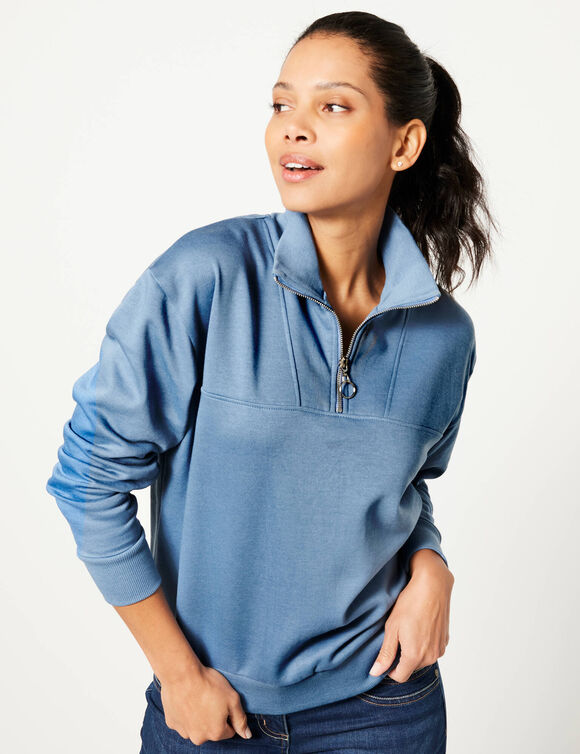 Sweater met opstaande ritskraag in geruwd molton (jeansblauw)