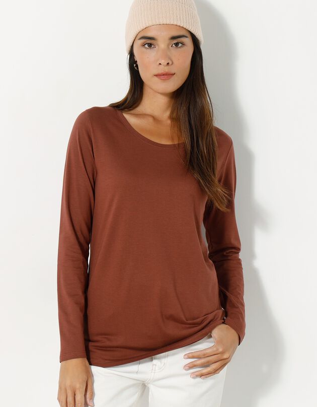 T-shirt col rond manches longues uni (chocolat)