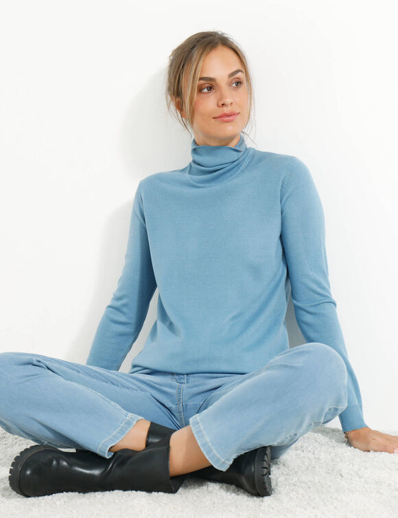 Pull col roulé, toucher doux (bleu grisé)