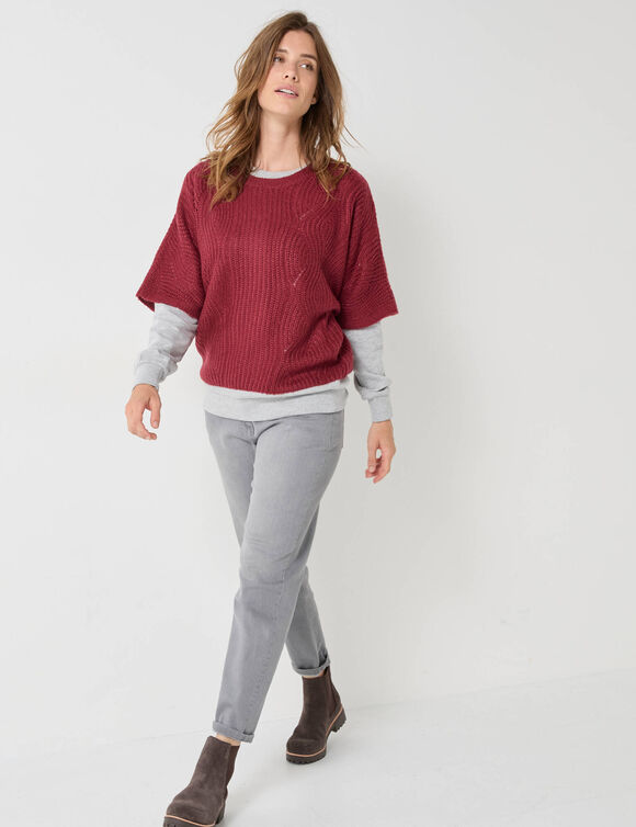 Pull poncho manches coudes, maille anglaise et torsades (bordeaux)