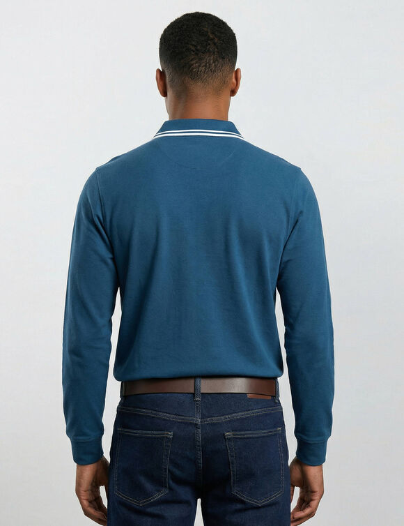 Effen polo met piqu&eacute;-structuur en lange mouwen (eendenblauw)
