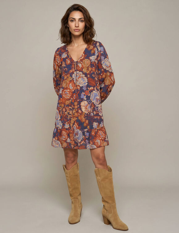 Robe courte volant&eacute;e &eacute;vas&eacute;e, imprim&eacute; fleurs XXL, cr&ecirc;pe textur&eacute; (bleu / caramel)