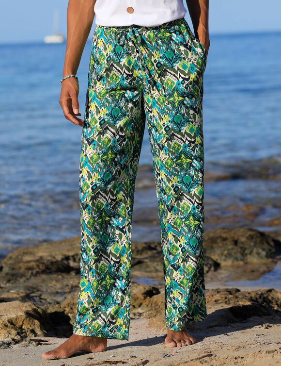 Pantalon large imprimé, taille élastiquée (kaki / émeraude)