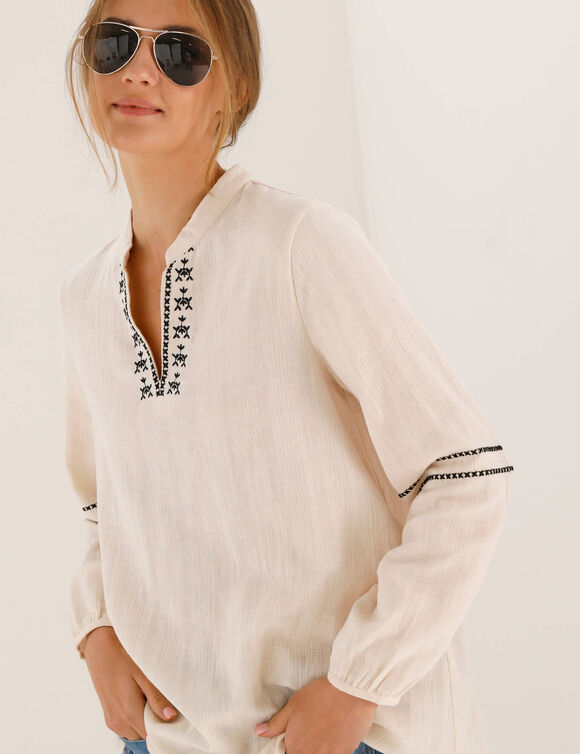Geborduurde tuniek, Tunesische hals (ecru / zwart)