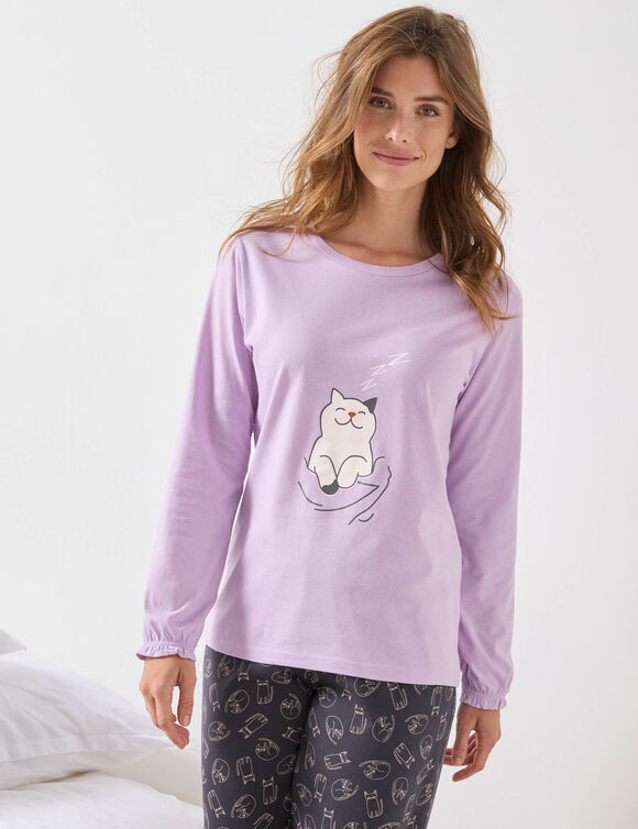 Pyjama met "poes" motief en lange strookmouwen (parma / grijs)