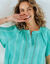 Blouse manches courtes finitions en macramé, unie (vert menthe)