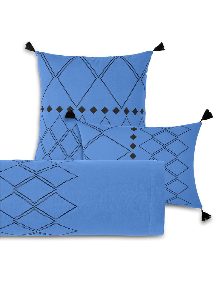 Bedlinnen Massai, in katoen met grafische motieven, afgewerkt met pompons (oceaanblauw)