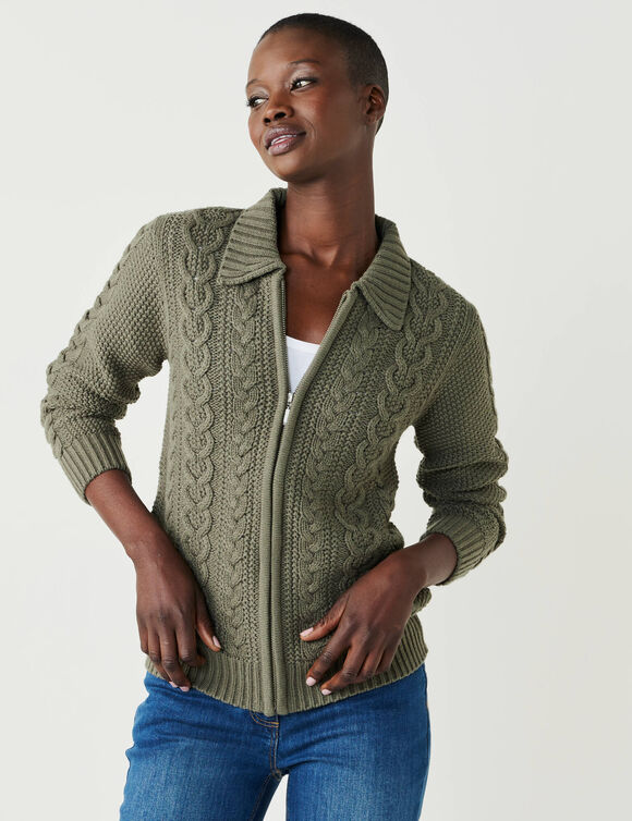 Gilet zipp&eacute; col polo, maille torsad&eacute;e (kaki)