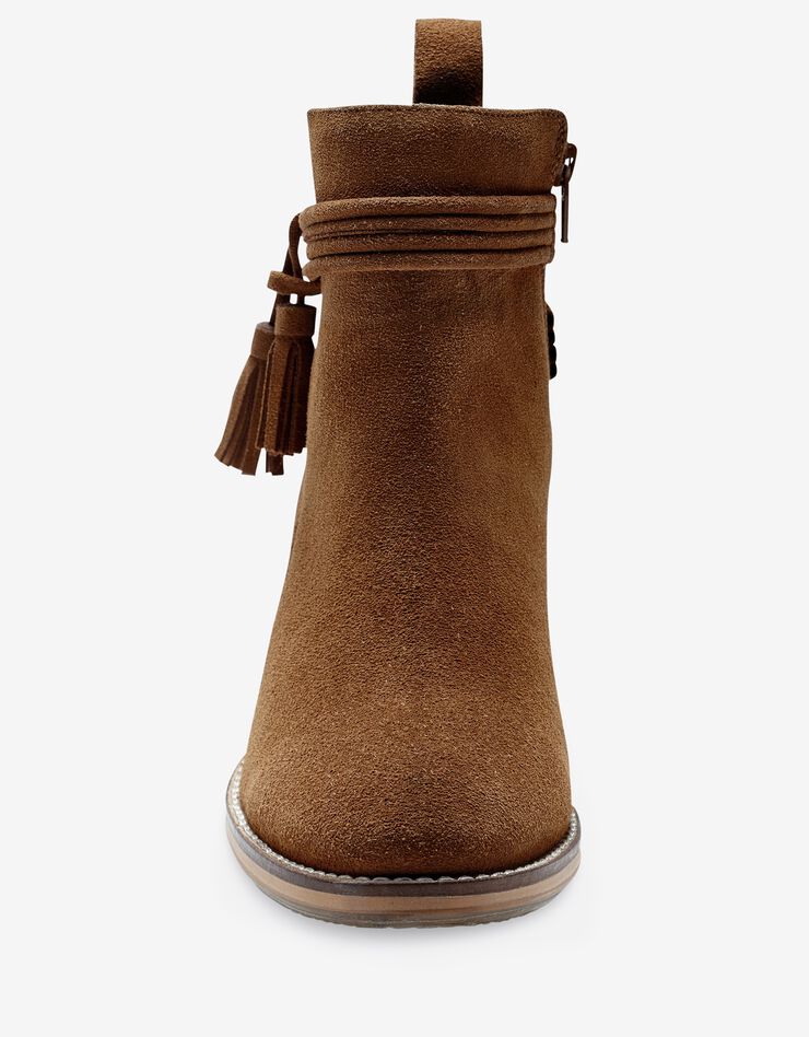 Boots en croûte de cuir à talon et pompons, beige foncé Boots en croûte de cuir à talon et pompons, beige foncé, hi-res image number 3