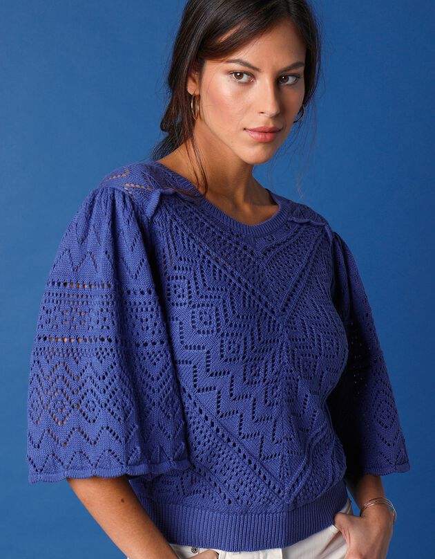 Pull manches 3/4 larges, maille ajourée (indigo)