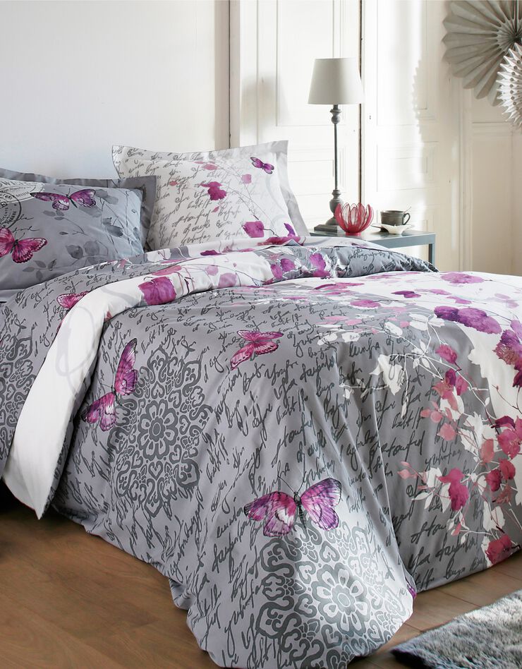 Bedlinnen in polyester-katoen Célestine met bloem- en vlindermotieven, grijs / parma, hi-res image number 0