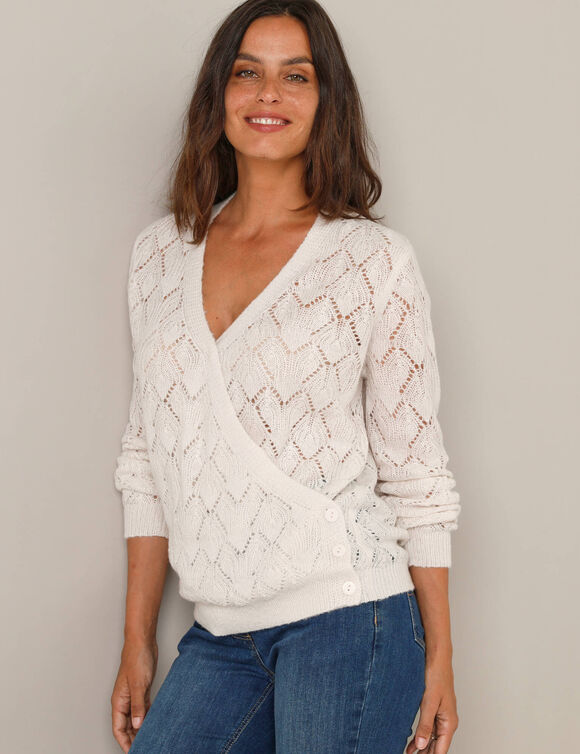 Wrap-overjasje, fantasiebreisel met zachte touch (ecru)