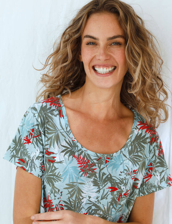 Chemise de nuit longue imprim&eacute;e manches courtes - coton modal (bleu ciel)