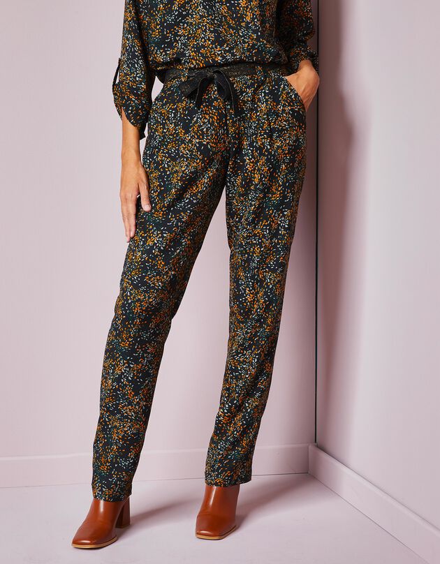 Bedrukte chino broek met ceintuur, crêpe (zwart / kaki)