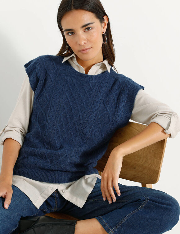 Pull torsadé sans manches, épaules tombantes (marine)