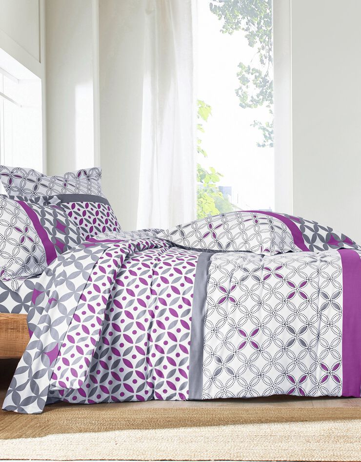 Linge de lit Marlow en coton motifs géométriques (gris / violet)
